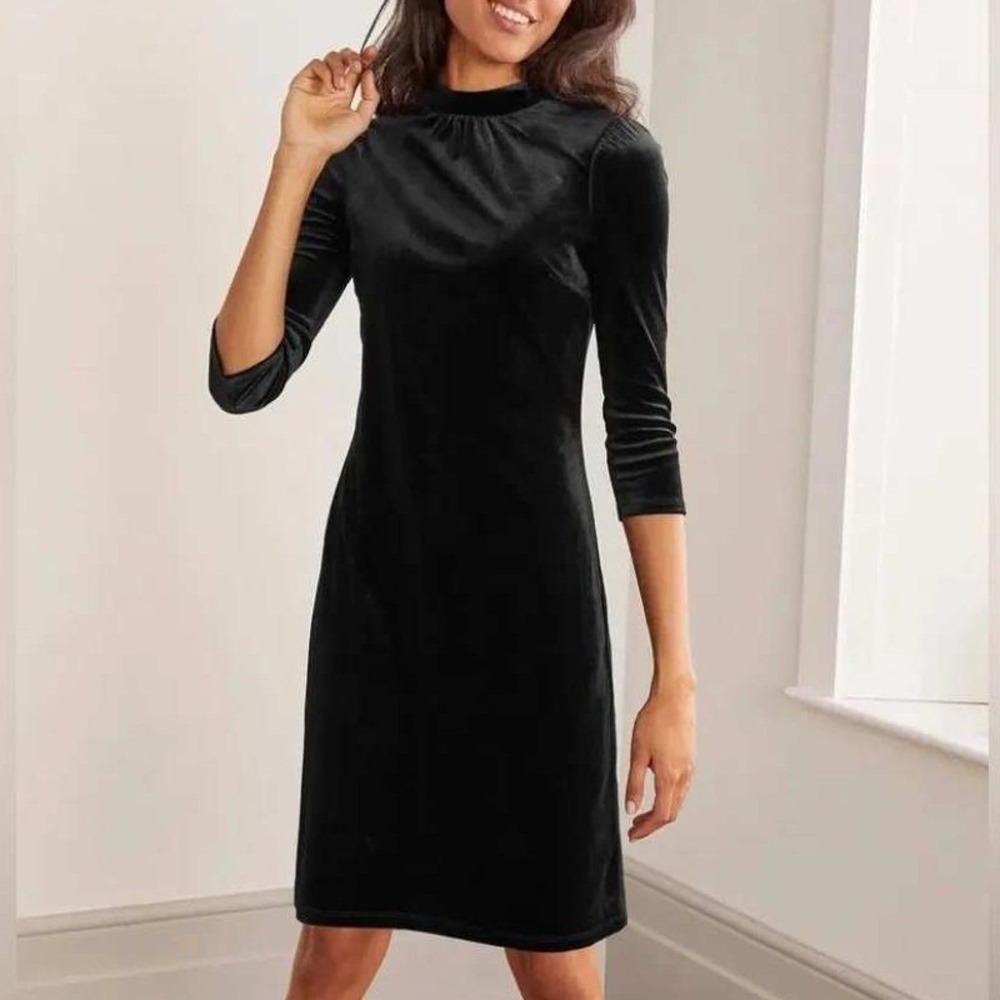 Boden‎ Livia Velvet Shift Dress Womens 14L Black Mock Neck Long Sleeve NWT